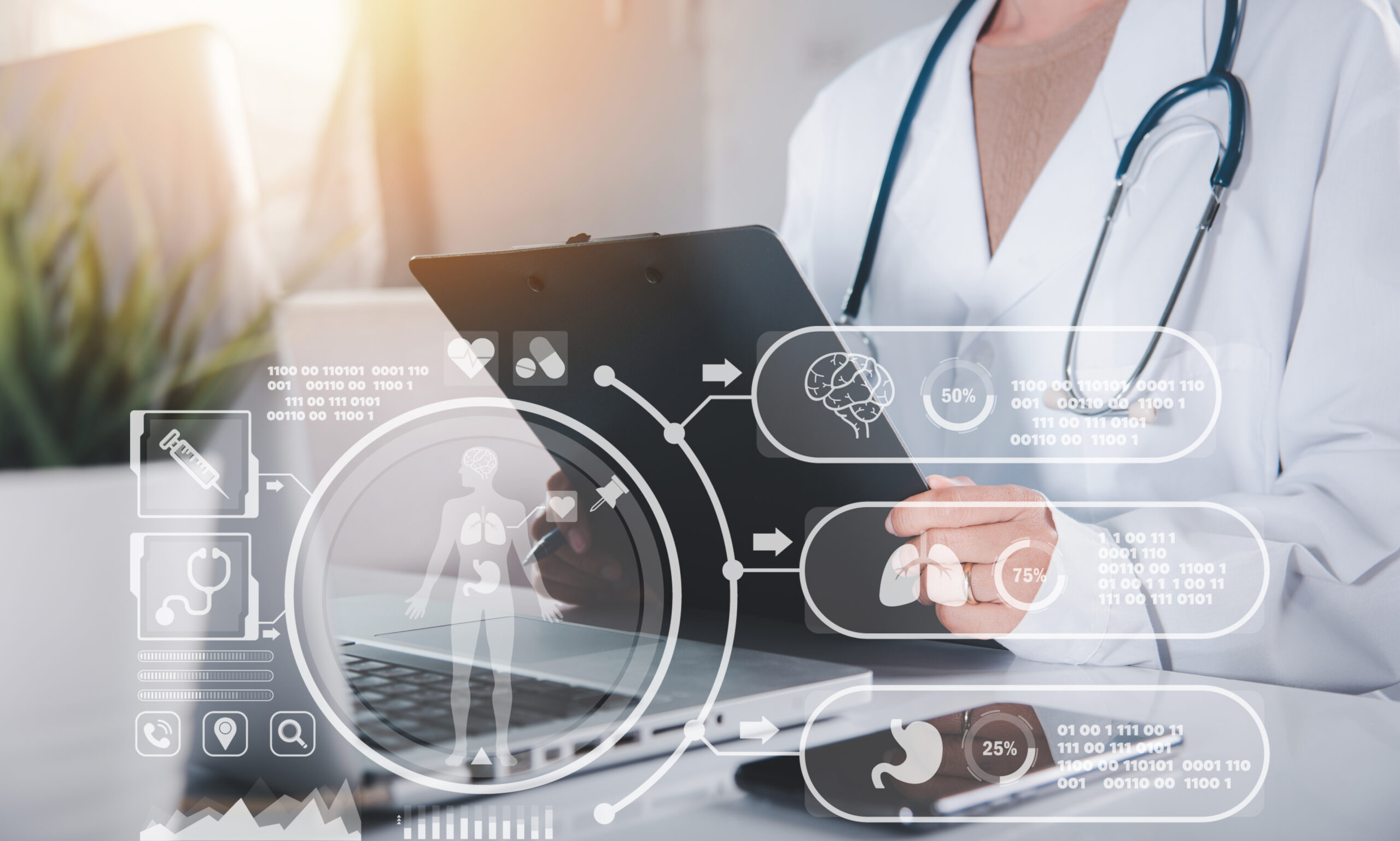 Doctor or nurse in uniform with stethoscope writing something information of patient prescription medical in paperwork